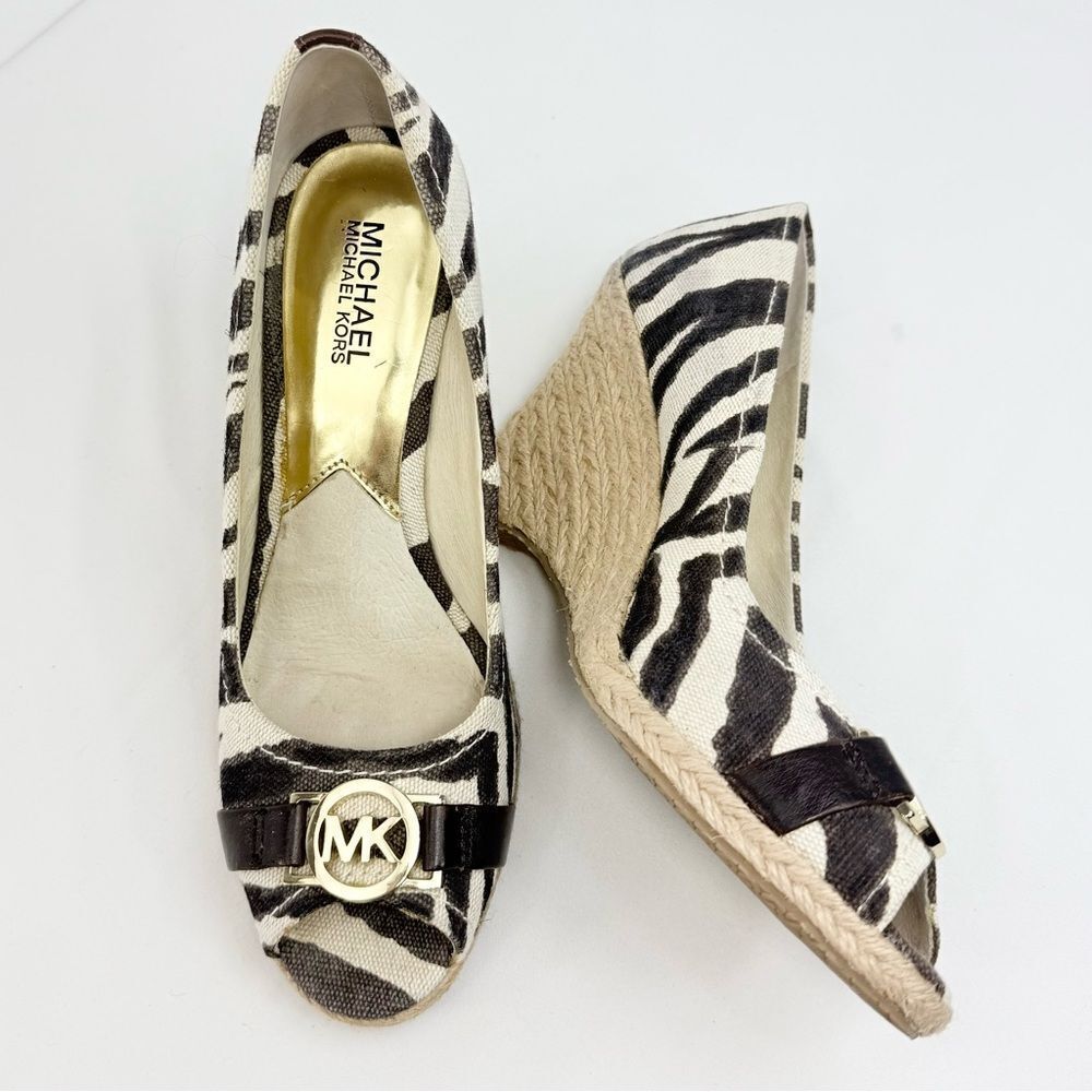 MICHAEL Michael Kors Zebra Print Brown Tan Open Toe Espadrille Wedge Sandals